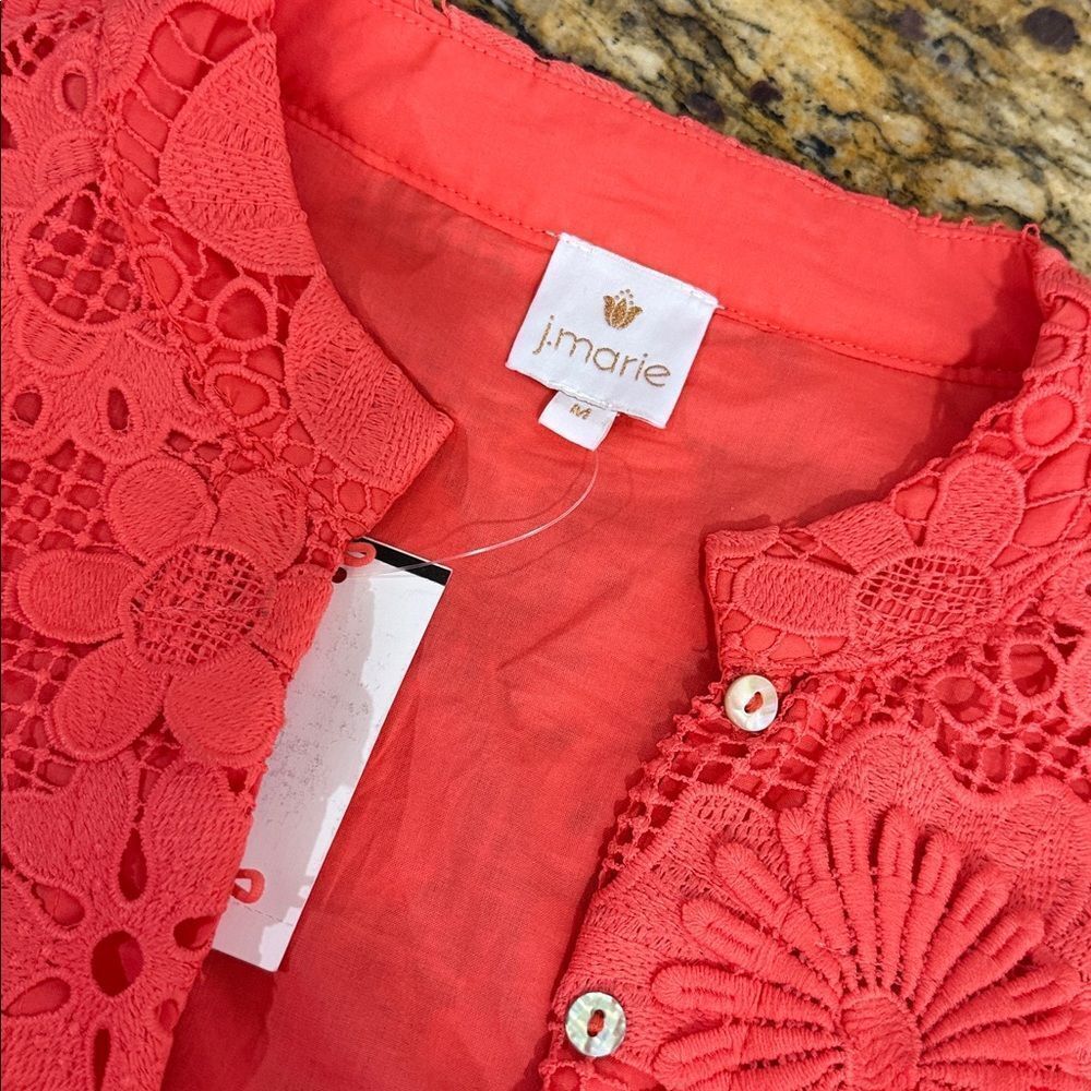 J. Marie The Seraphina Dress Coral Floral Lace Appliqué Crochet Sheer Overlay M - Picture 6 of 9